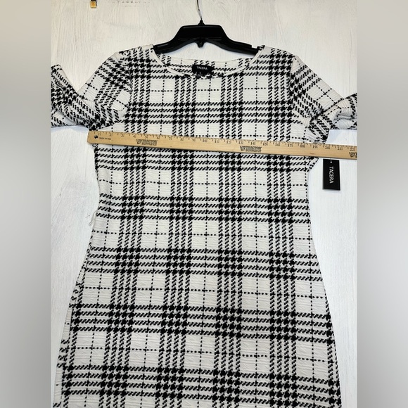 TACERA Black White Plaid Textured Midi Dress L Stretch 3/4 Sleeve Knit NWT - Picture 4 of 10
